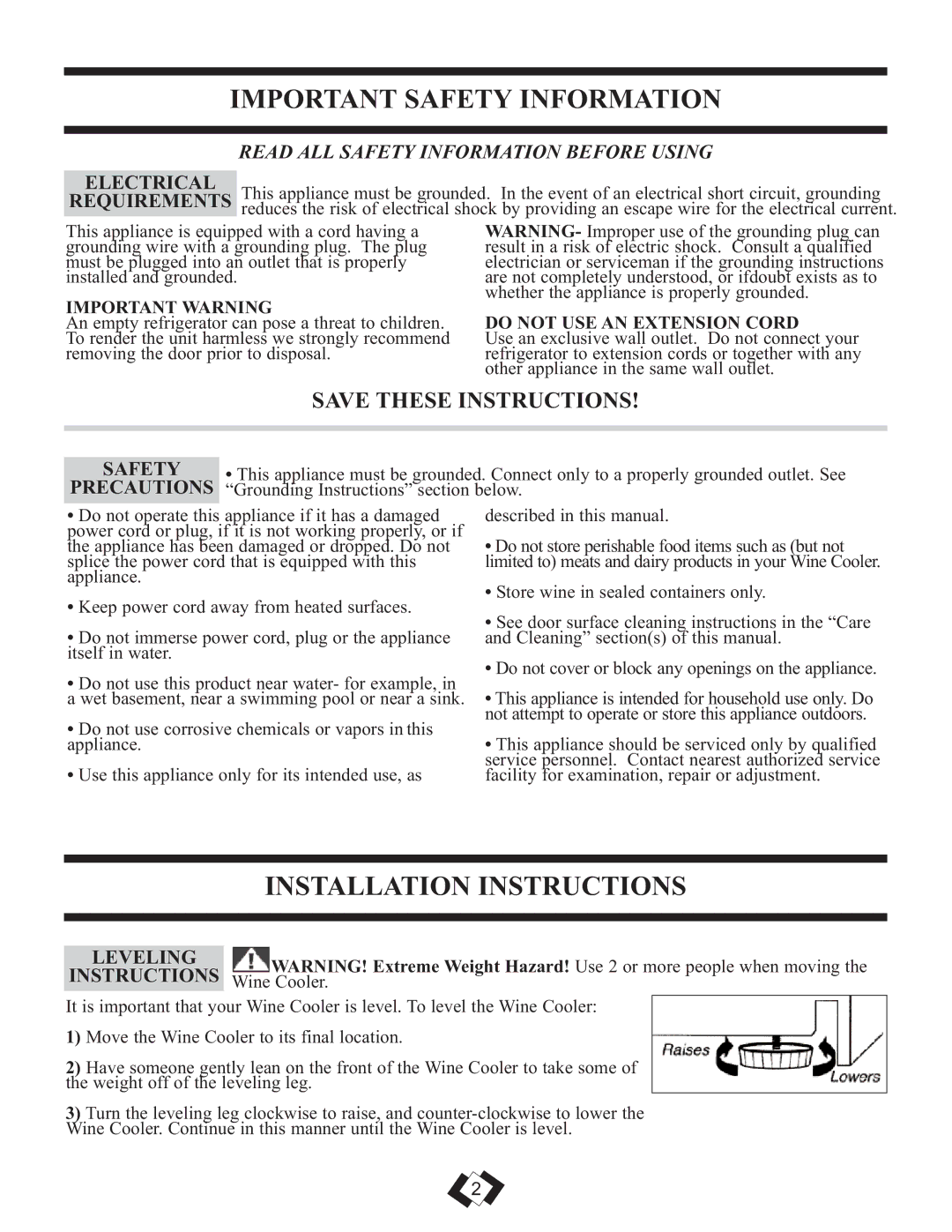 Danby DWC350BLPA installation instructions Important Safety Information, Installation Instructions 